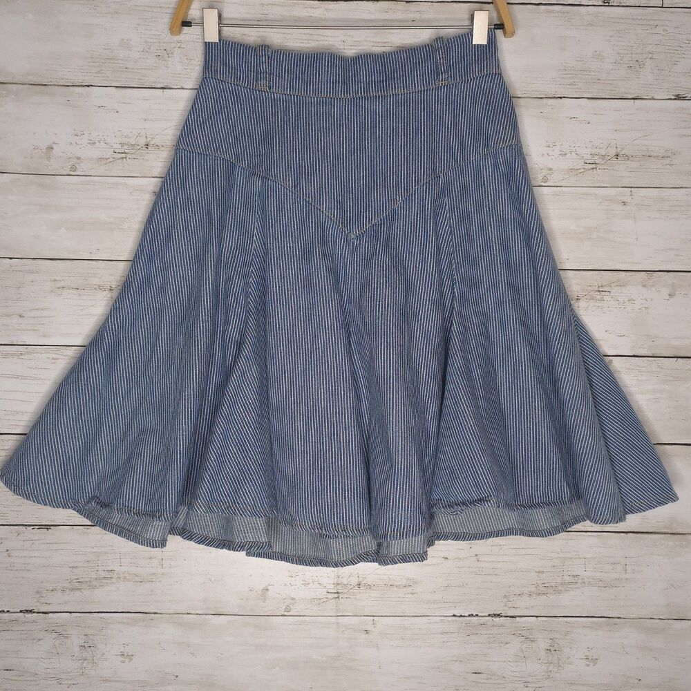 Vintage Desert West Skirt Small Blue Denim Western Prairie Maxi Hickory Stripe